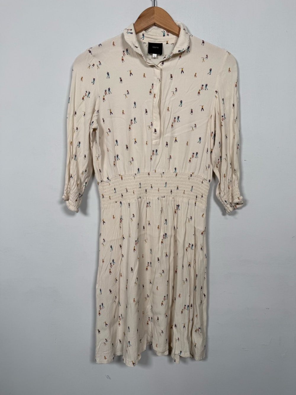 Idano Cream Long-Sleeve Smocked-Waist Shirt Dress, Golf Design, Size 1 (US 6)